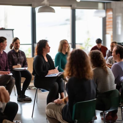 40ish group of individuals engaged in a group learning exercise