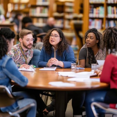 40ish group of individuals engaged in a positive discussion around a library table