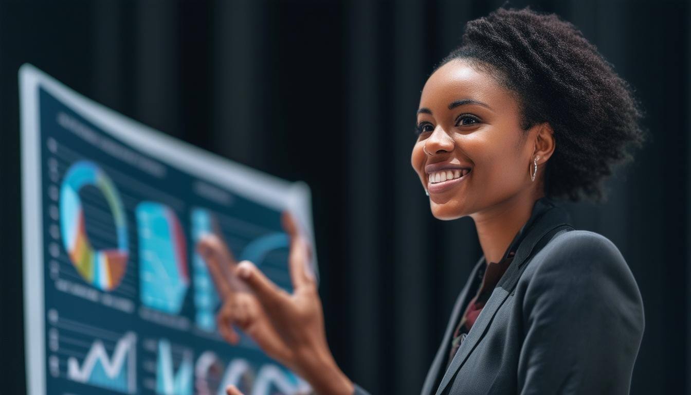 confident, smiling minority female business professional presenting research data at a conference with a dark background