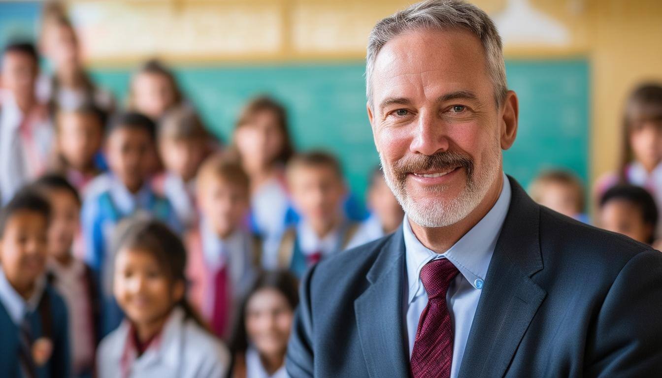 high school principal in front of school students in background