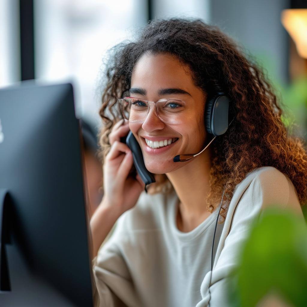 smiling person having a team call on a computer