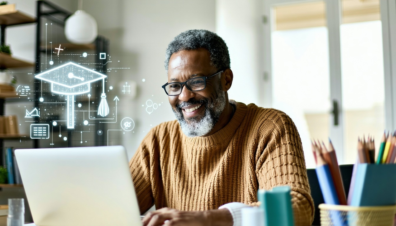 A confident adult learner in their 30s or 40s, sitting in a modern home workspace, smiling while studying on a laptop. Behind them, subtle symbols of faith and academia—like a cross and books—blend with personal touches. Include a digital graduation cap icon or degree symbol floating above the laptop screen to represent online doctoral achievement. The scene should feel empowering, flexible, and faith-aligned.